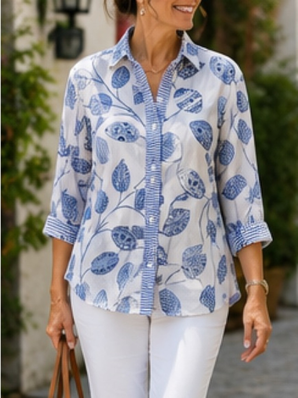 Gretchen Scott blue and white button shirt tunic cotton 3/4 sleeve Size XS